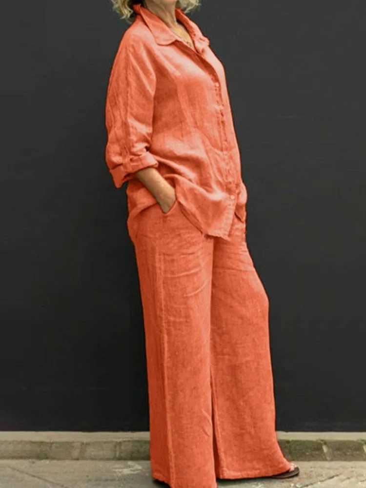 Two Pieces Set Autumn Vintage Solid Color Long Sleeve Buttons Women Casual Top Loose Pockets Pants Simple Style Commuting Suits M260313