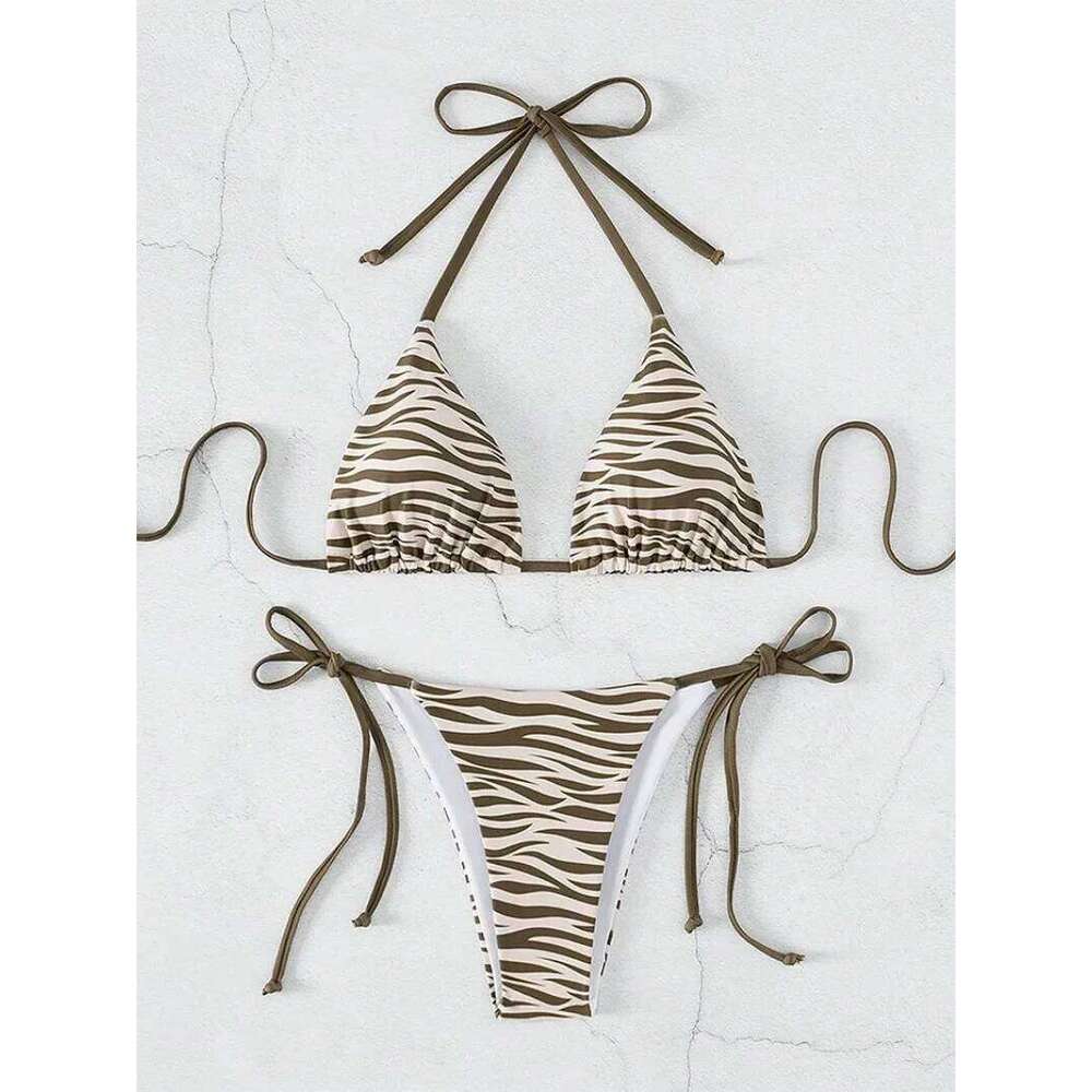zebra striped micro bikini women halter push up bra triangle swimsuit Brazilian summer bathing swimwear 2024 swimming suit Y260303