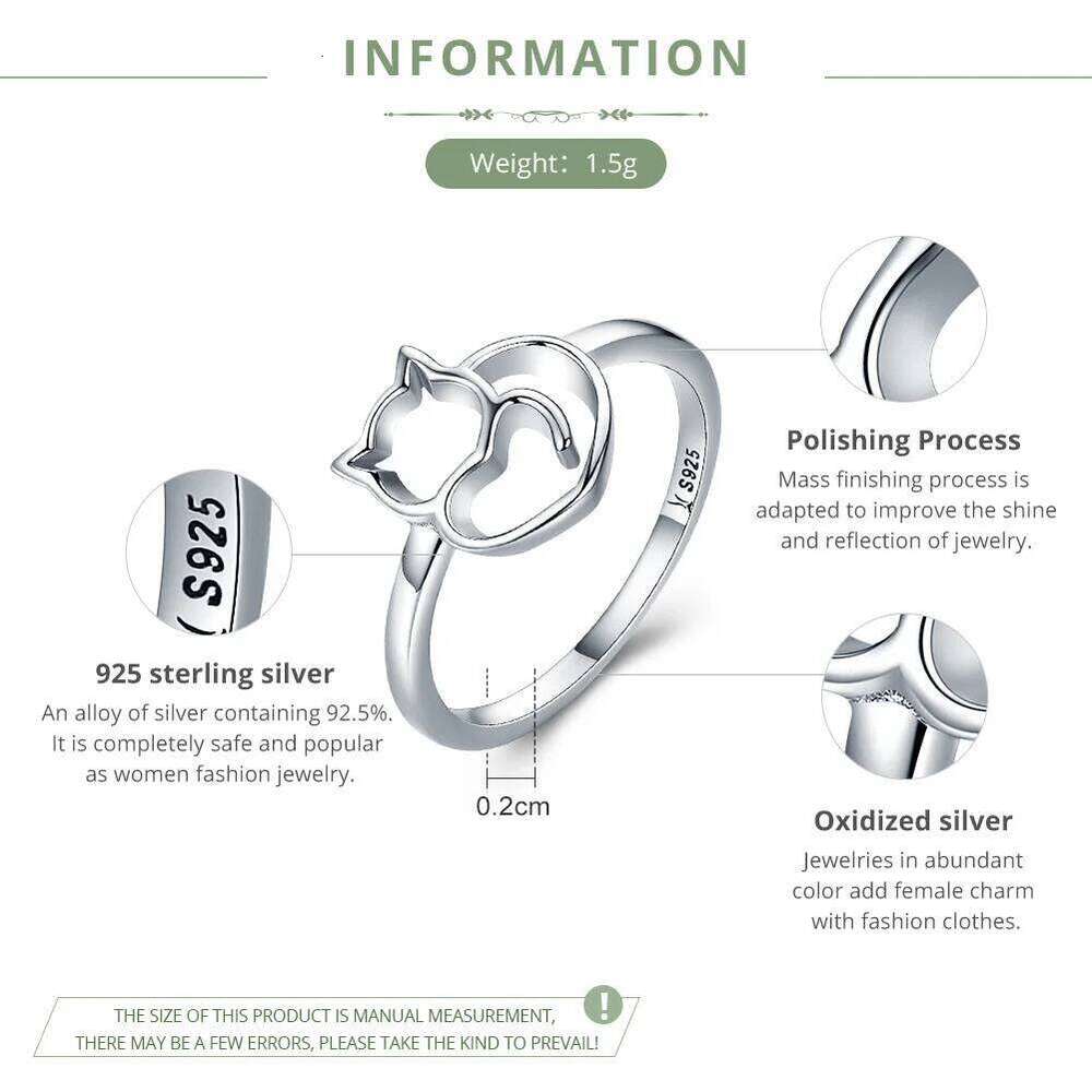 BAMOER Authentic 925 Cute Little Cat & Heart Finger Ring for Women Sterling Silver Jewelry Gift SCR104 H260312