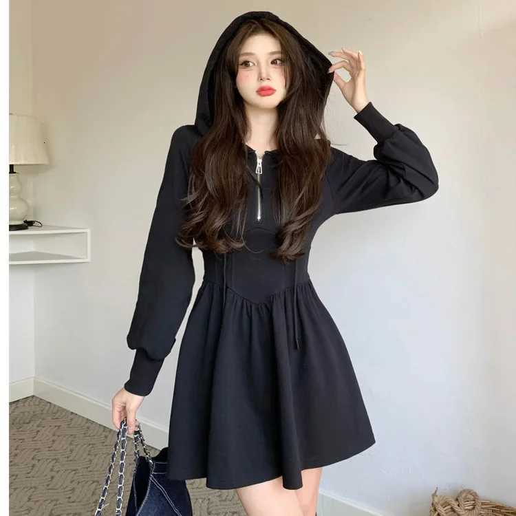 Plus Size Black Hooded Casual Dress Womens Autumn Winter Slimming A- Line Short Skirt Waist-Cinching Comfortable Polyester FibeT260314