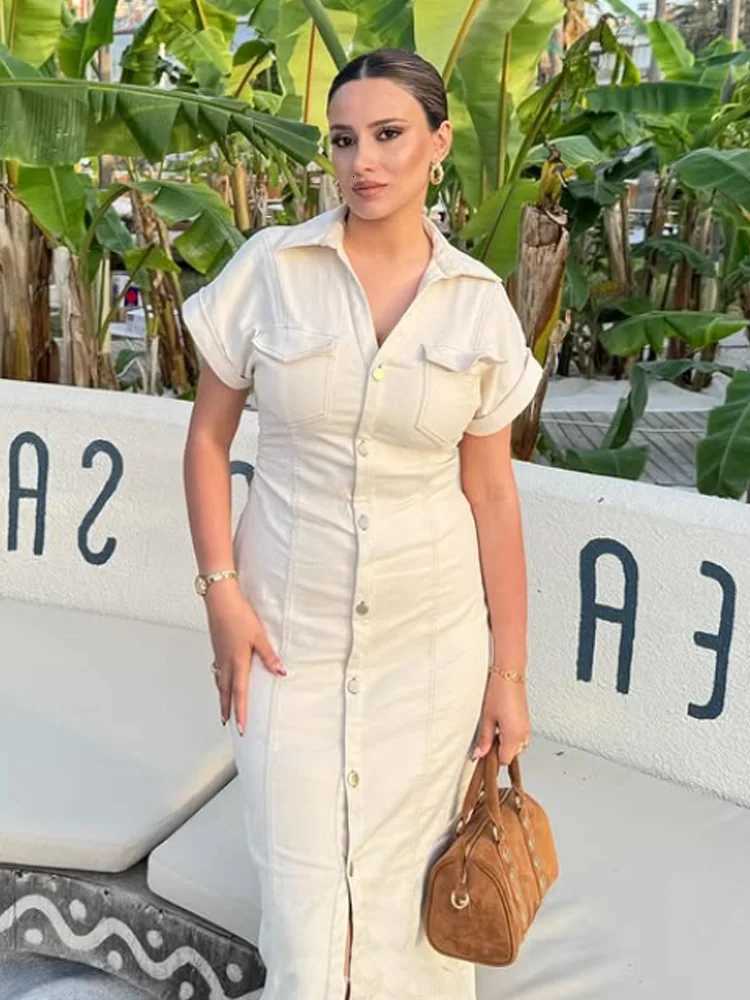 HXAO Denim Womens Dress Button Off White Short Sleeve Midi Dresses Summer New Denim Long Dresses Office Elegant Female ClothingT260314