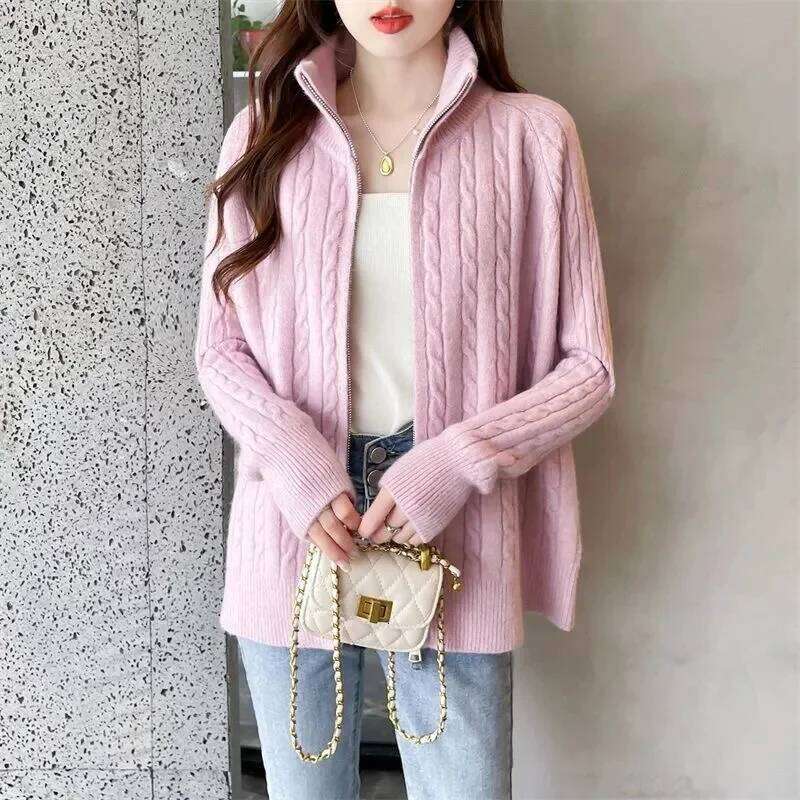 2025 Winter New Thick Turtleneck Cashmere Knitted Cardigan Women Casual Knit Loose Wool Sweater Female Tops Z260313