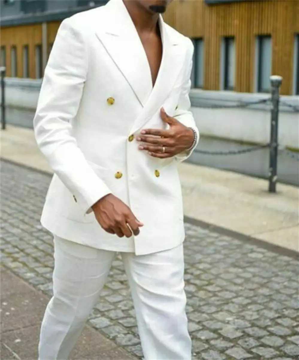 New Ivory Men Tuxedos Business Suit Groom Double Breasted Groomsman Prom Wedding Party Formal 2 Piece Set Jacket And Pants M260313