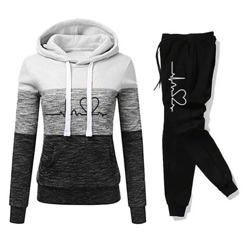 Women TraCKsuit Hooded Sweatshirt Sweatpant Color BloCK Versatile Casual Jogging Pullovers Sport Trousers Outfits S-3XL M260313