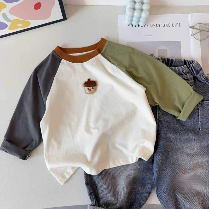 Women's T-Shirt Children's Autumn New Style Boys' Color-Block Raglan Sleeve T-Shirt Top Cartoon 3D Versatile Base Shirt for Kids and Ba