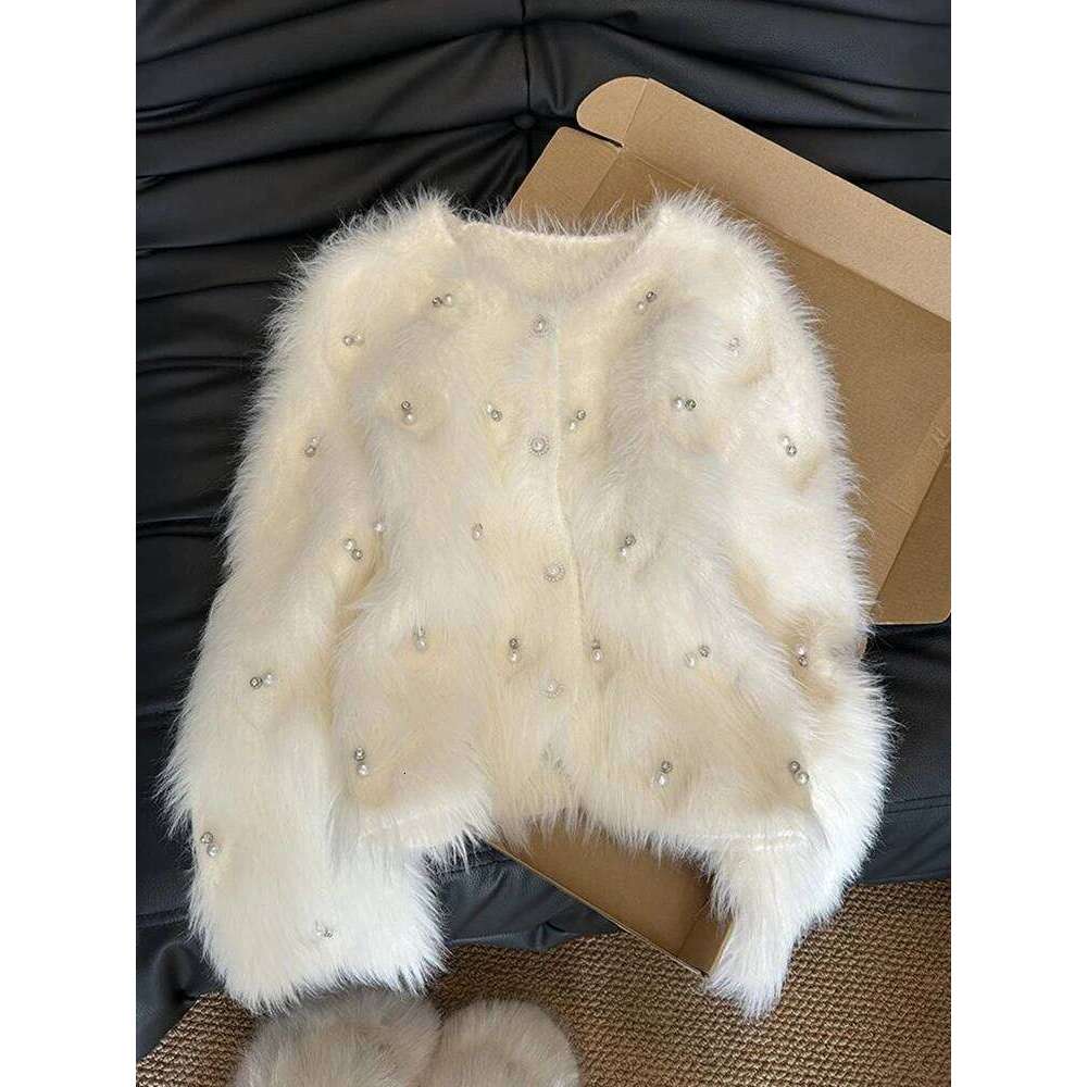 Chic Pearls White Cardigan Sweaters Women Elegant Sweet Faux Mink Cashmere Coats Korean Long Sleeve Fashion Knitted Tops Z260314