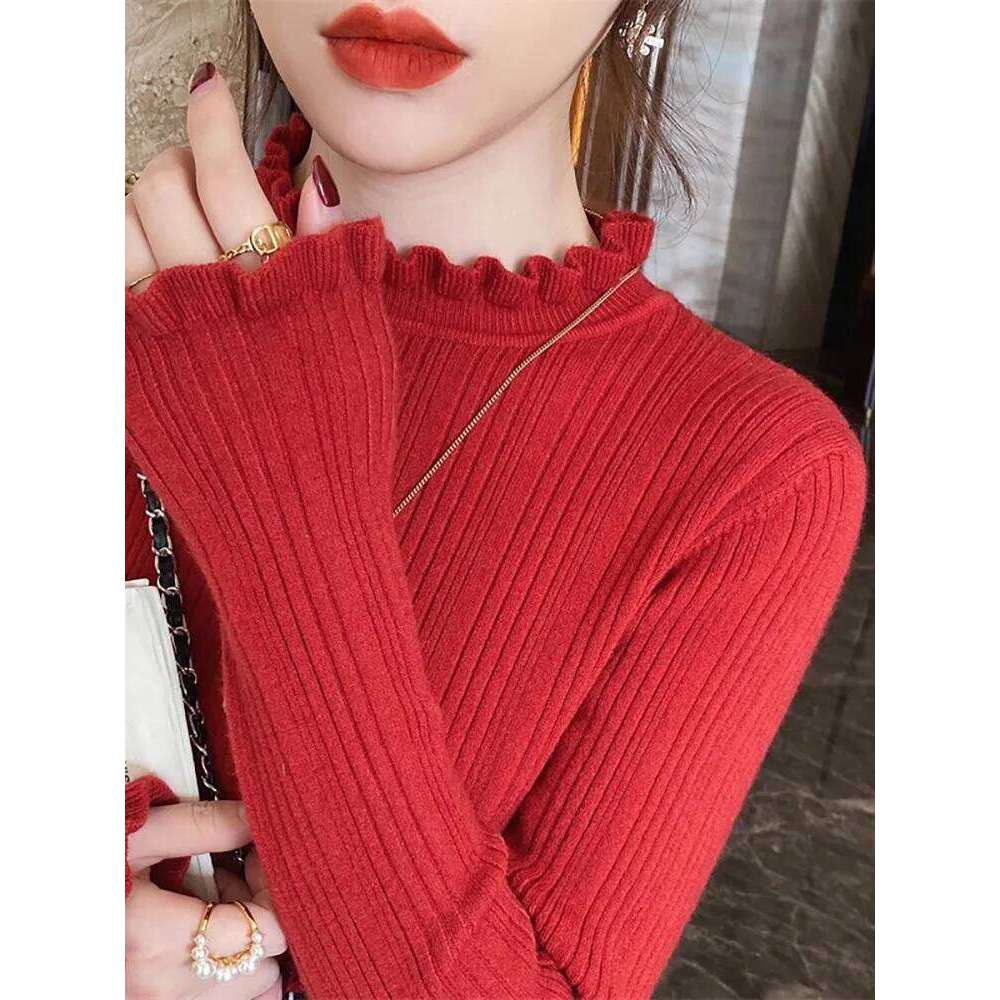 2025 Elegant Solid Basic Knitted Tops Women Turtlneck Sweater Casual Slim Pullover Korean Fashion Simple Chic Ruched Clothes Z260314