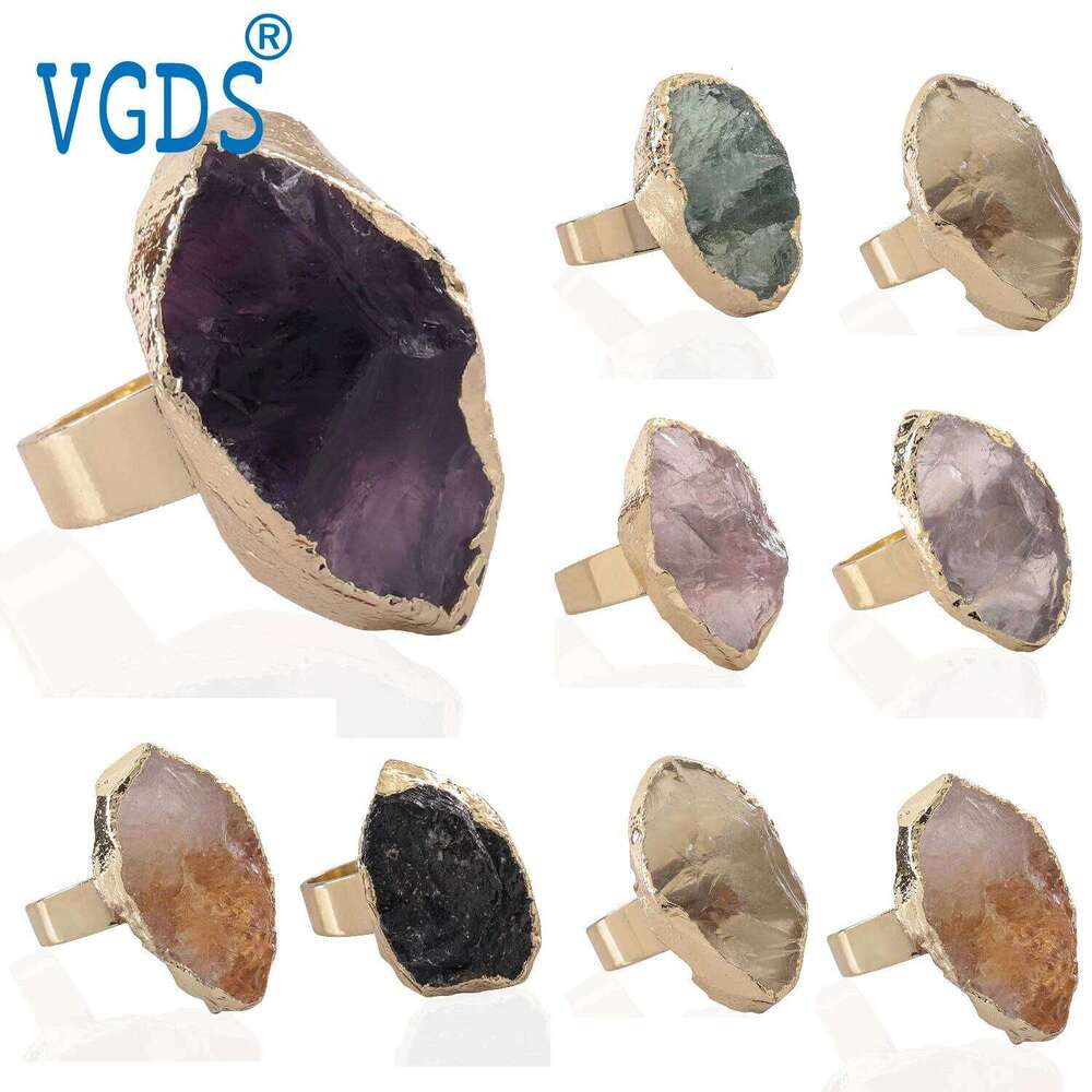 Natural Crystal Amethyst Fluorite Irregular Original Stone Ring Raw Specimen Golden Plated Fashion Charm For Men Women Jewelry H260312