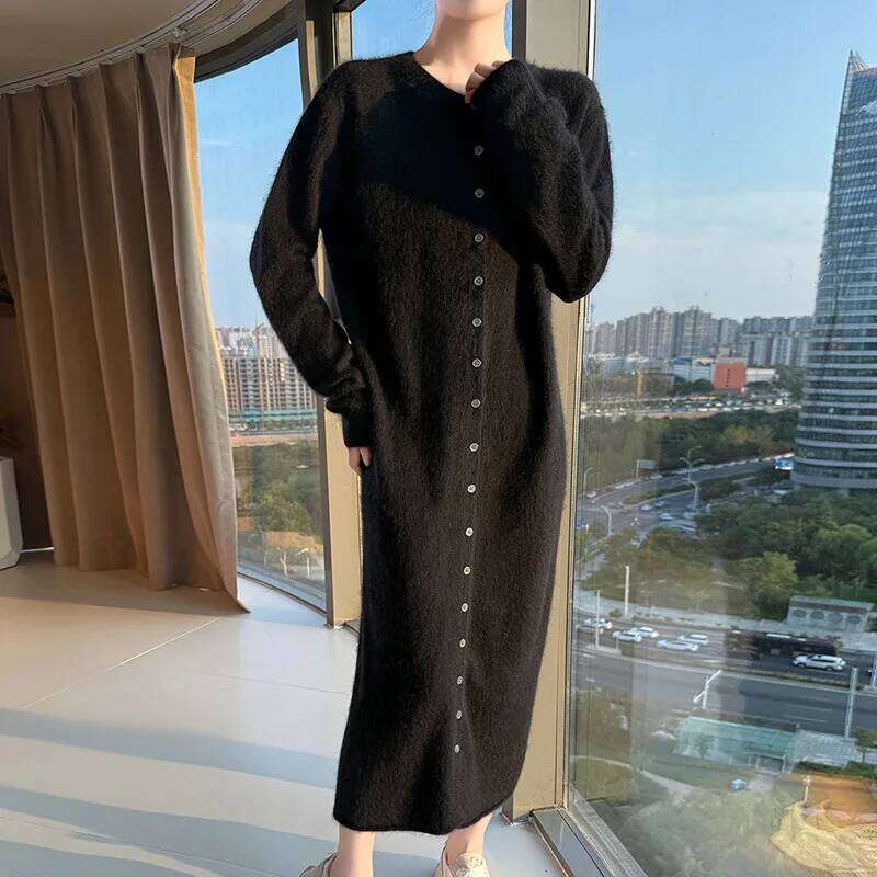 Fall/Winter 2025 Loose New Mink Cashmere Lapel Long Dress Knitted Plus Size Sweater Z260314