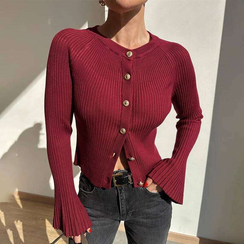 Talenza Autumn Knit Cardigan Fashion Ribbed Single Breasted Solid Long Sleeve Knitted Top Casual Basic Office Lady Women Sweater Z260314