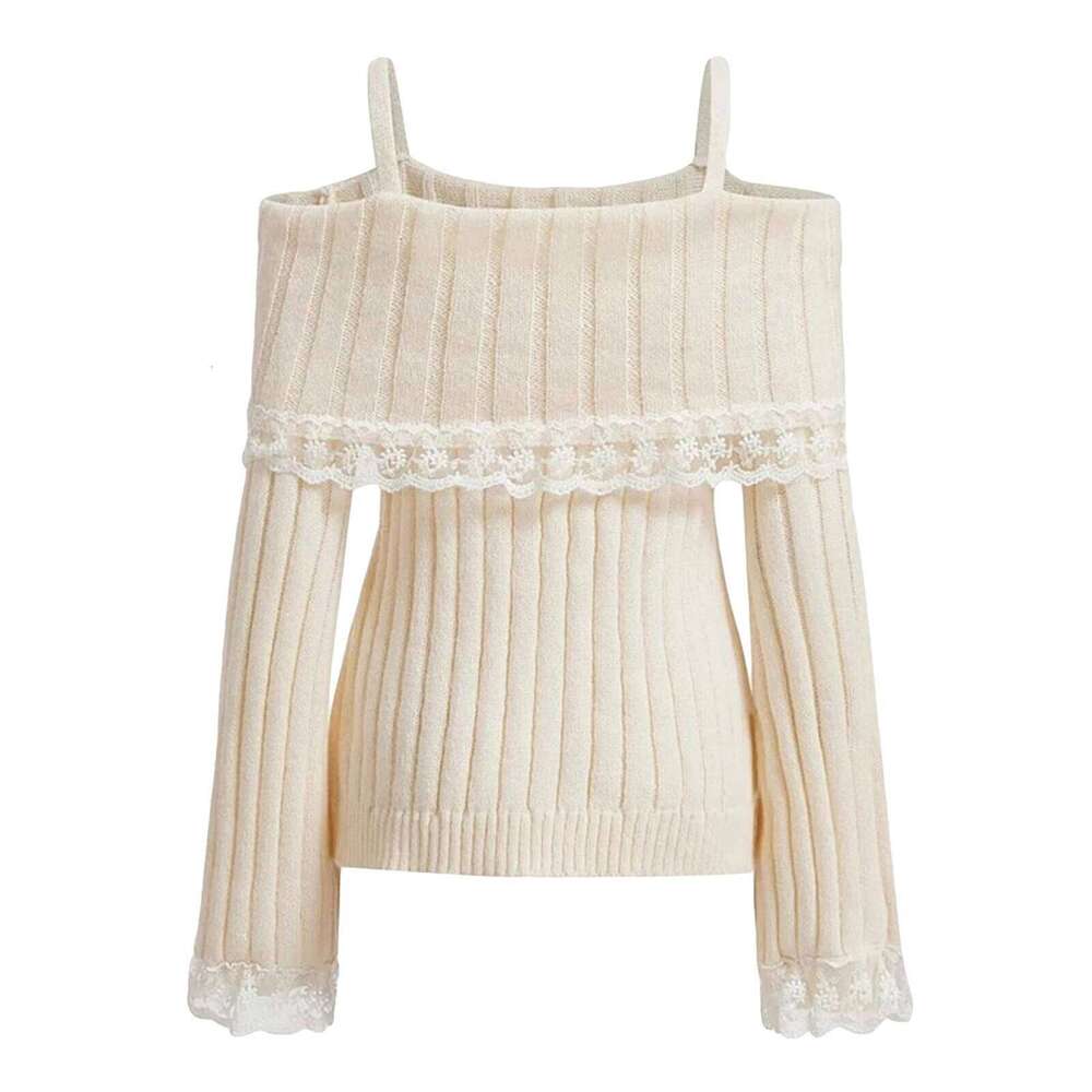 Women Off Shoulder Knit Sweater Solid Color Sweet Pullovers Long Sleeve Bow Lace Patchwork Cute Jumpers Club Streetwear Y2k Z260313