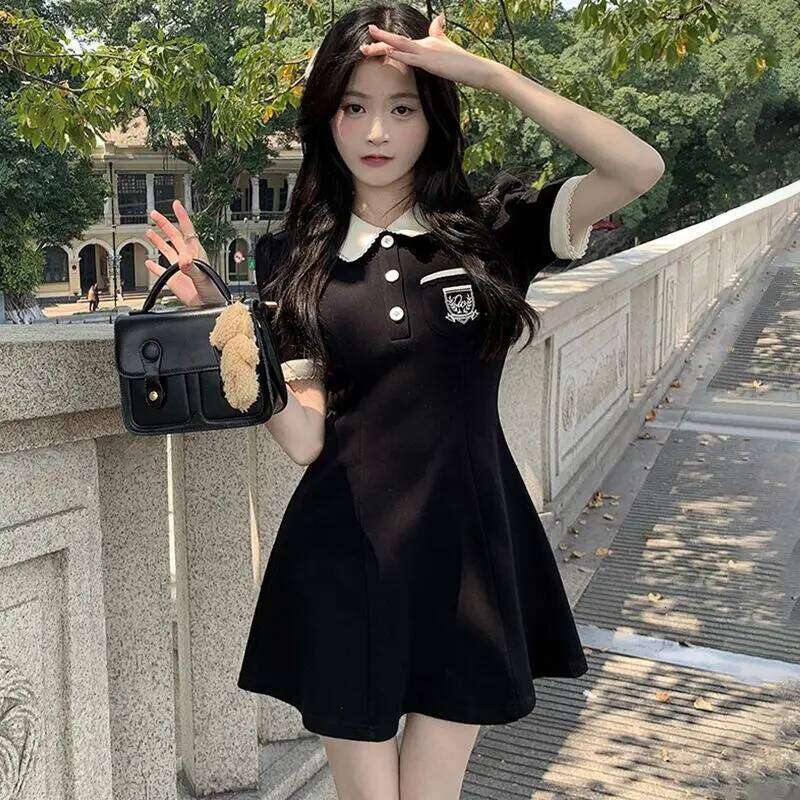Fashion Contrasting Colors Academic Style Appear Thin Lower Back Printing Temperament Polo Collar Women's Dress Summer 2024 Z260313