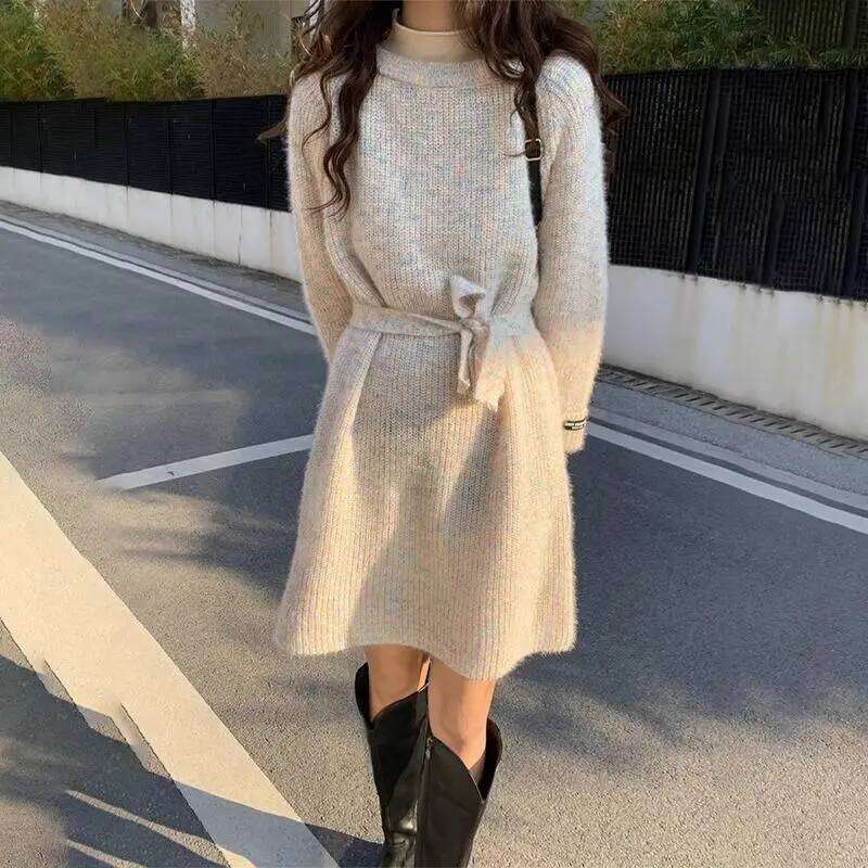 Lazy Style for Women Autumn Winter New Wear Mid-length Loose Knitted Sweater Lace-up Waist Dress Z260313