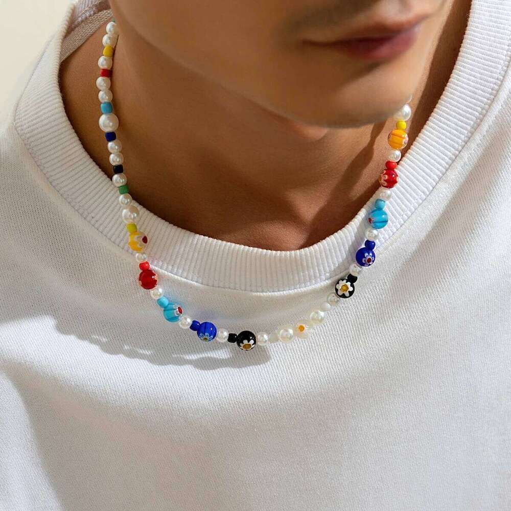 Imitation Pearl and Colorful Beads Short Choker Necklace for Men Trendy Beaded Chains on Neck 2023 Fashion Jewelry Accessories H260312