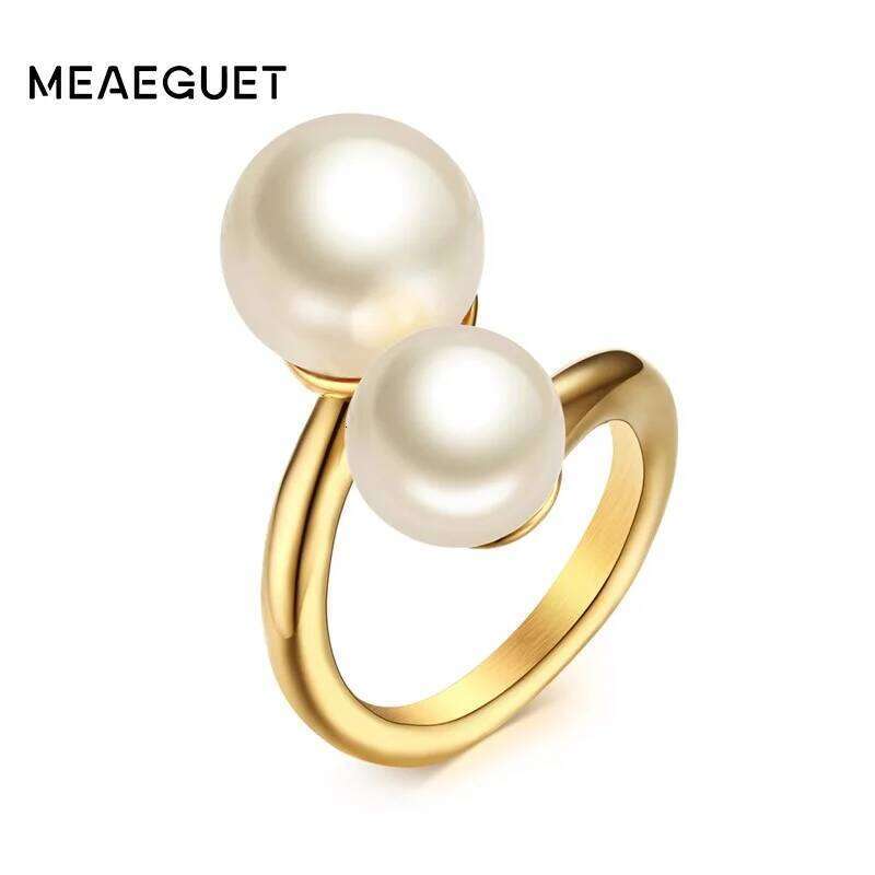 Meaeguet Fashion Gold-Color Simulated Pearl Rings For Woman Accent Bypass Open Stainless Steel Party Jewelry H260312