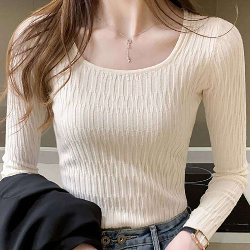 Square Collar Solid Bottoming Long Sleeve Slim Knit Pullovers Casual Office Sweater Women 2025 Fall Winter Z260314