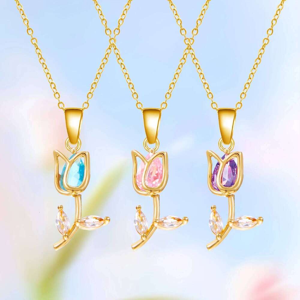 Light Zircon Tulip Flower Pendant Necklace for Women Elegant Stainless Steel Clavicle Chain Fashion Party Jewelry Gift H260312