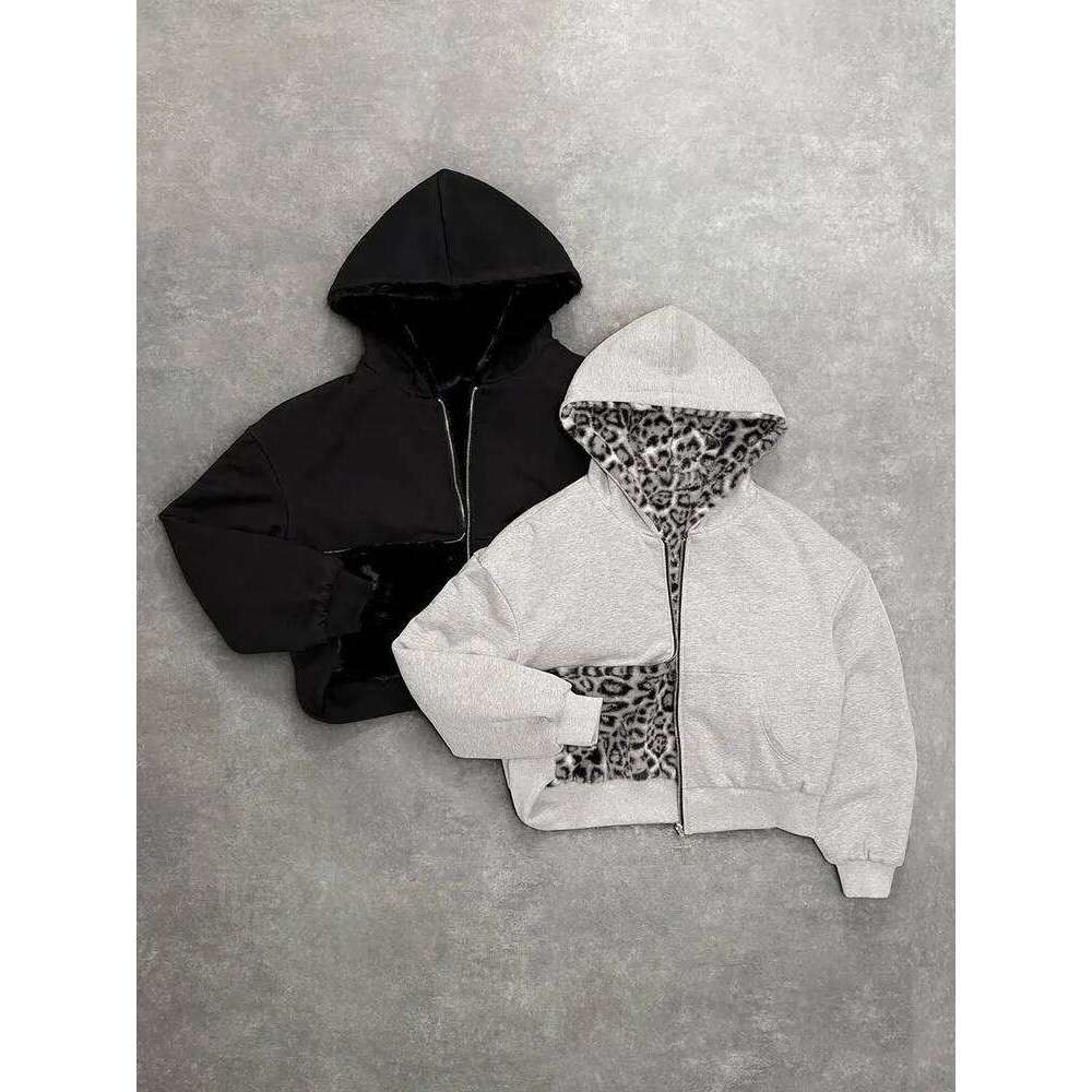 Unisex hoodie hooded sweatshirt with leopard print lining pocket, loose cardigan, zipper sweatshirt, streetwear style Z260314