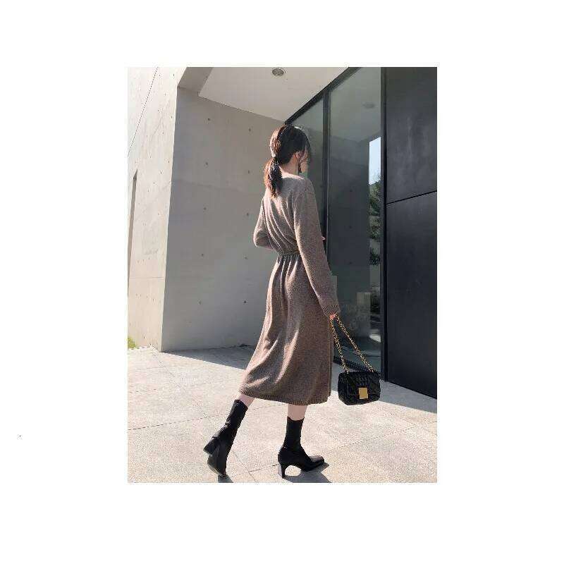2025 Autumn Winter Korean Style Simple Elegant Women Slimming Solid Color Medium-length Knee-length Drawstring Knit Dress Z260314