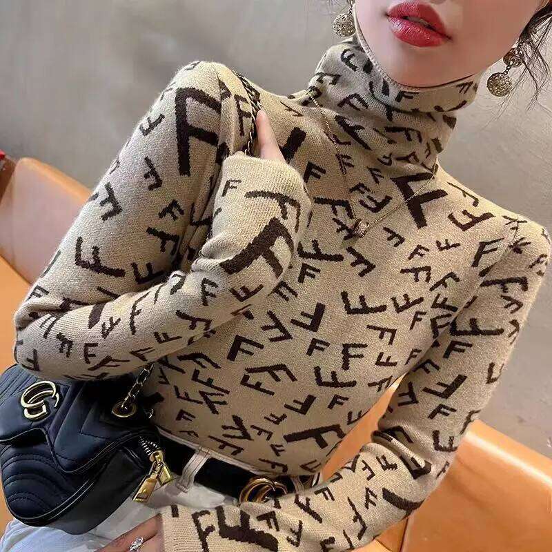 Women Clothing Elegant Fashion Letter Knit Pullover Autumn Winter Casual All-match Half High Collar Long Sleeve Sweater Slim Top Z260313