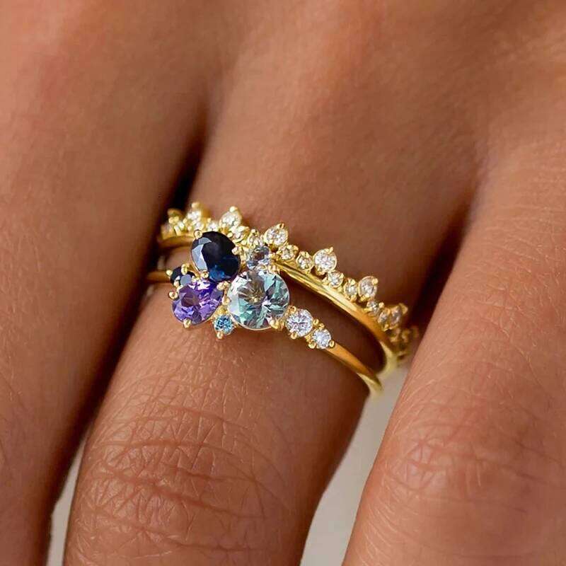 Huitan Multi Colored CZ Set Rings for Women Wedding Anniversary Party Elegant Lady Accessories Gold Color Fashion Jewelry H260312