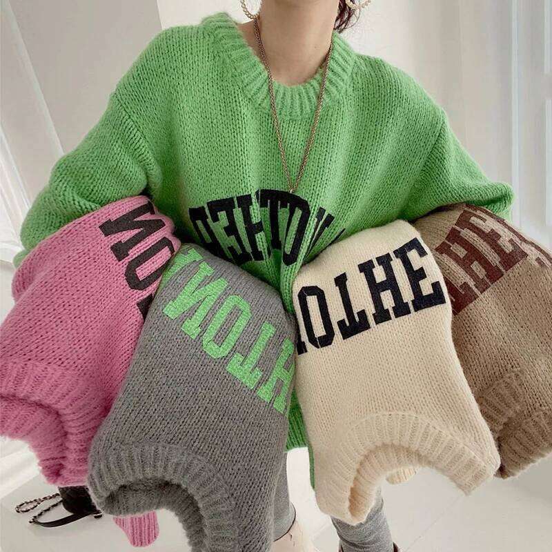 Women Winter Warm Candy Color New Fashion Pullovers Clothes Loose Thicken Sweater Knitted O Neck Letter Print Knitwear Z260313