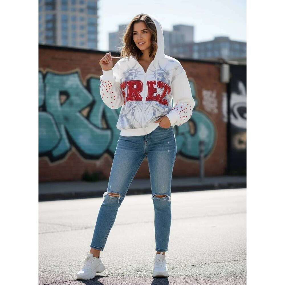 Fashionable rhinestone style loose sweatshirt, American-style embroidered casual hooded shirt Z260314