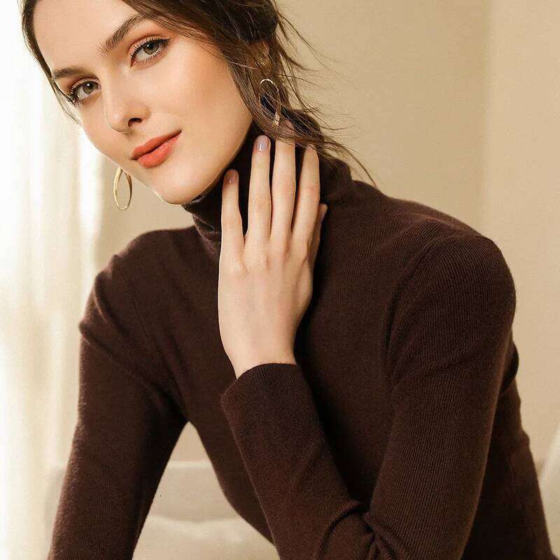 Korean Casual Solid Bottoming Shirt Women Autumn Winter Turtleneck Warm Knitwear Pullovers Fashion Slim Brown Sweater Z260313