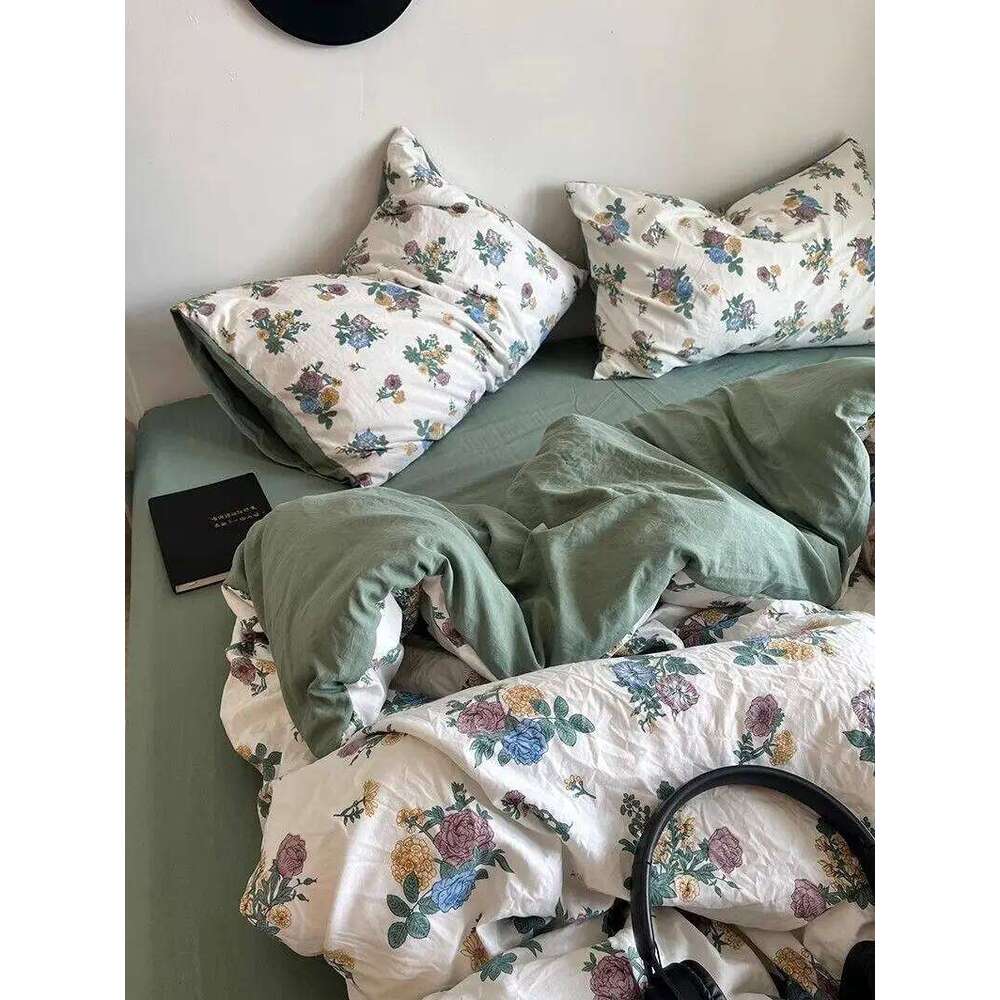 Korean Style Ins Retro Fresh Floral Washed Cotton Four Duvet Set, Student Dormitory Bed Sheet Three Piece Set H260312 - view 5