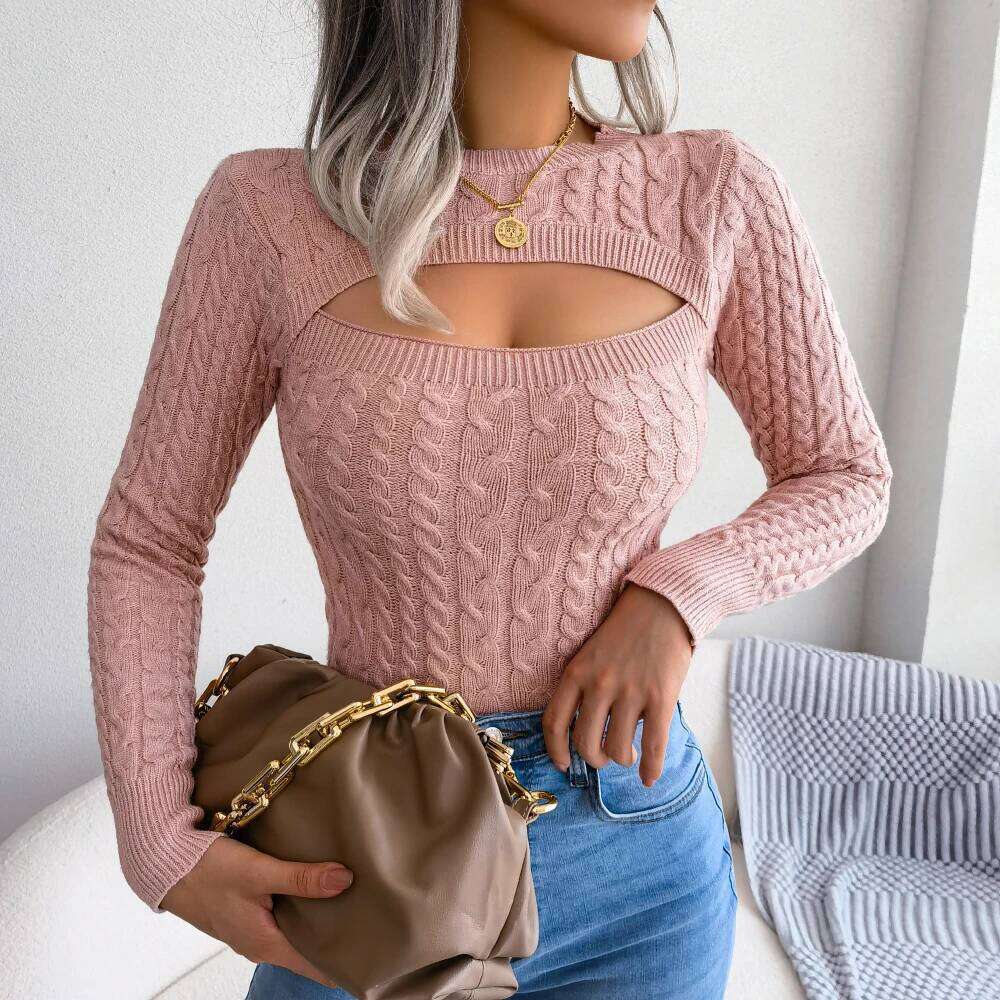 Sexy Hollow Out Sweater Women 2026 Autumn Winter Long Sleeve Knitted Pullovers Black Pink Green Purple Z260314