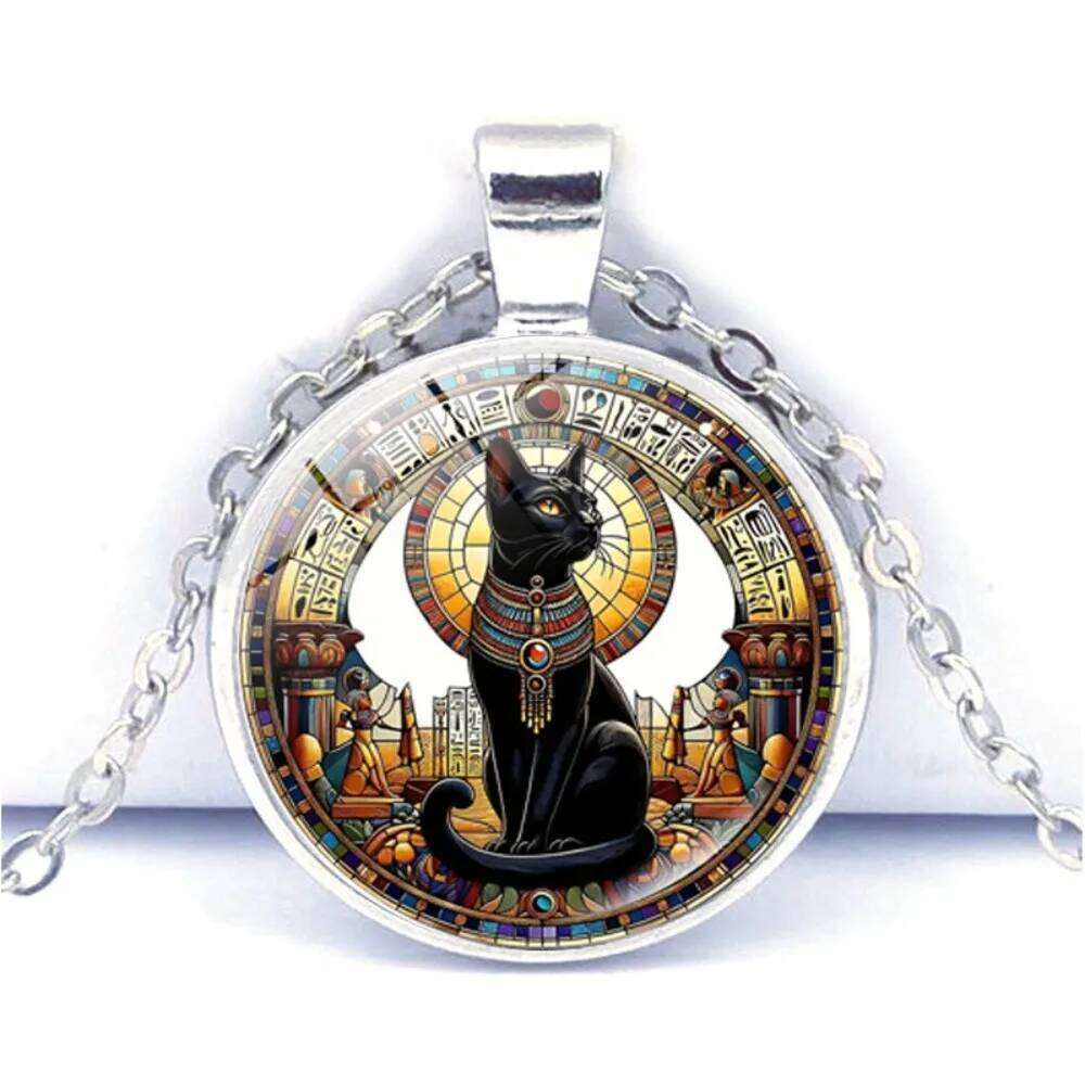 Ancient Egyptian Geometry Circle Buster Cat Time Gemstone Pendant Necklace for Women Retro Sweater Chain Animal Creative Jewelry H260312