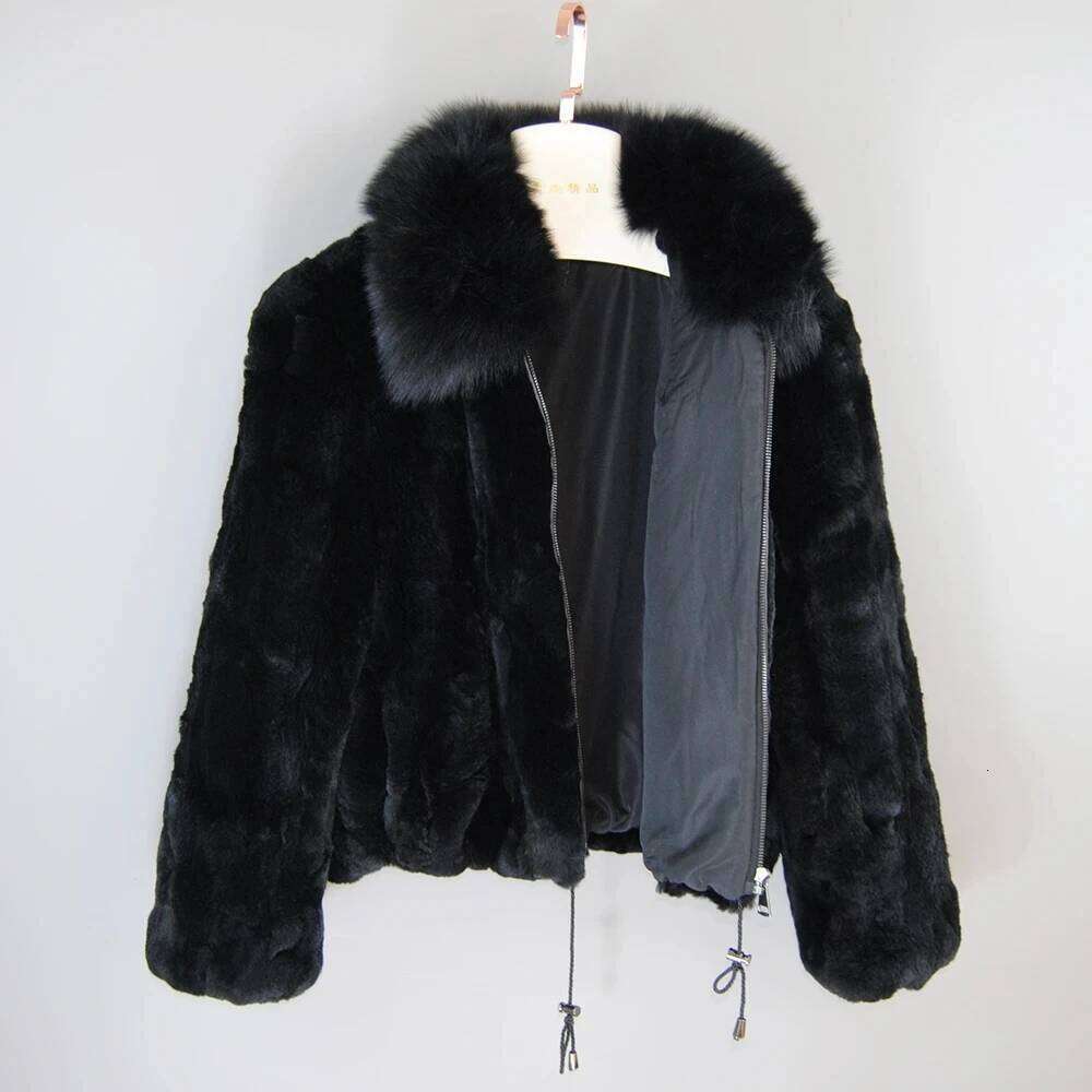 Fashion Women Winter Natural Real Coat Lady Warm Quality 100% Genuine Rex Rabbit Jacket With Fox Fur Collar Z260313