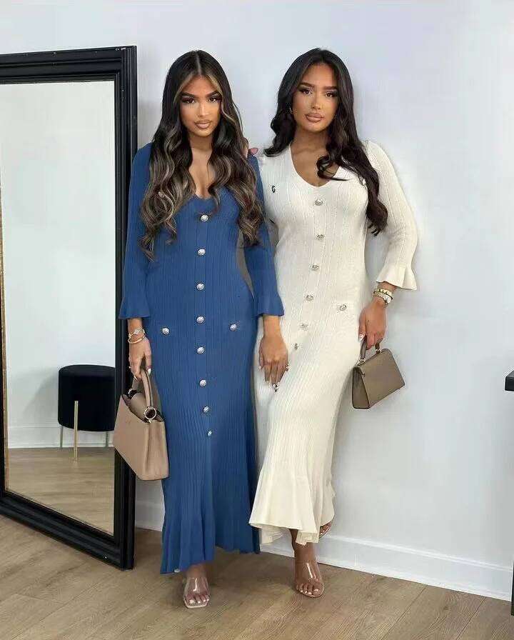 Elegant Knitted Fashion V-neck Sleeves Slim Buttons Solid Color Long Dress Spring Autumn Commuting Women Clothing Z260313