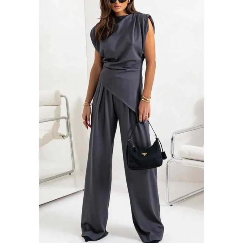 Women Fashion High Street Irregular Outfit Elegant Straight Commuting Set Simple Solid Color O Neck Sleeveless Top Pants Suit M260313