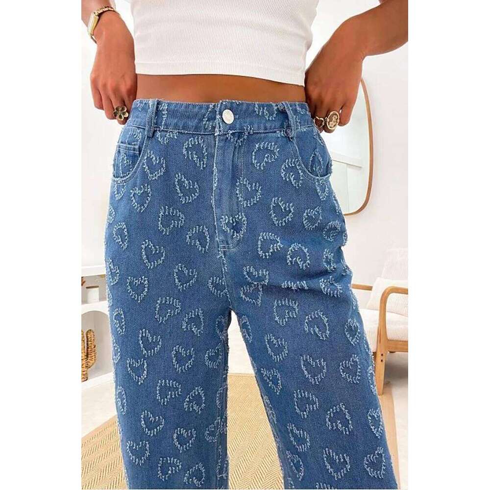 2025 Women Jeans Straight Pants Streetwear High Waist Heart Hook Flower Button Pockets Washed Distressed Vintage Trousers Denims Z260313