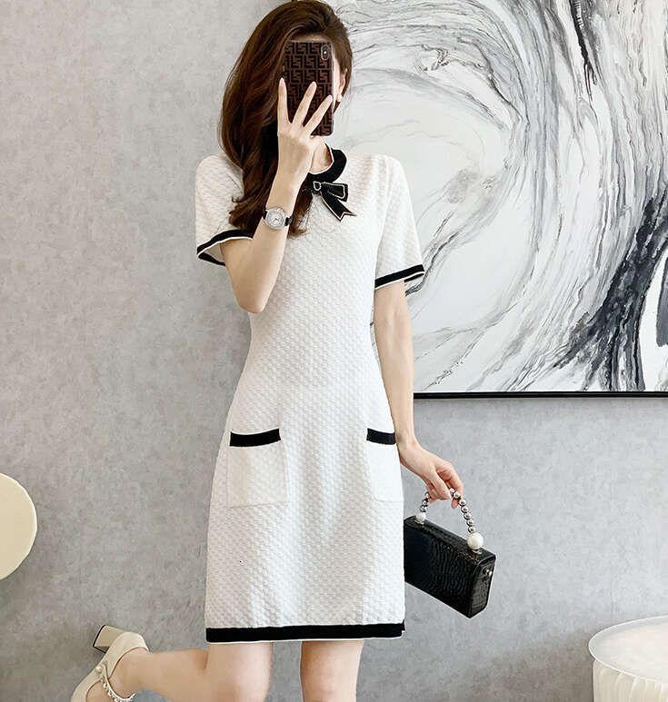 2026 Summer New Women's Knitted Short Sleeve Small Fragrant Style High Waist A-line Slimming Ice Silk Dress