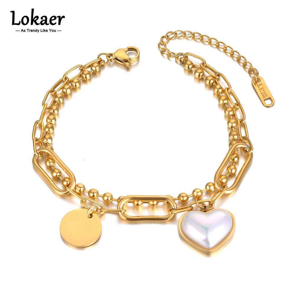 Lokaer Titanium Stainless Steel Double Layer Chain Bracelets For Women Fashion White Pearl Love Heart Charm Bracelet B21125 Z260313
