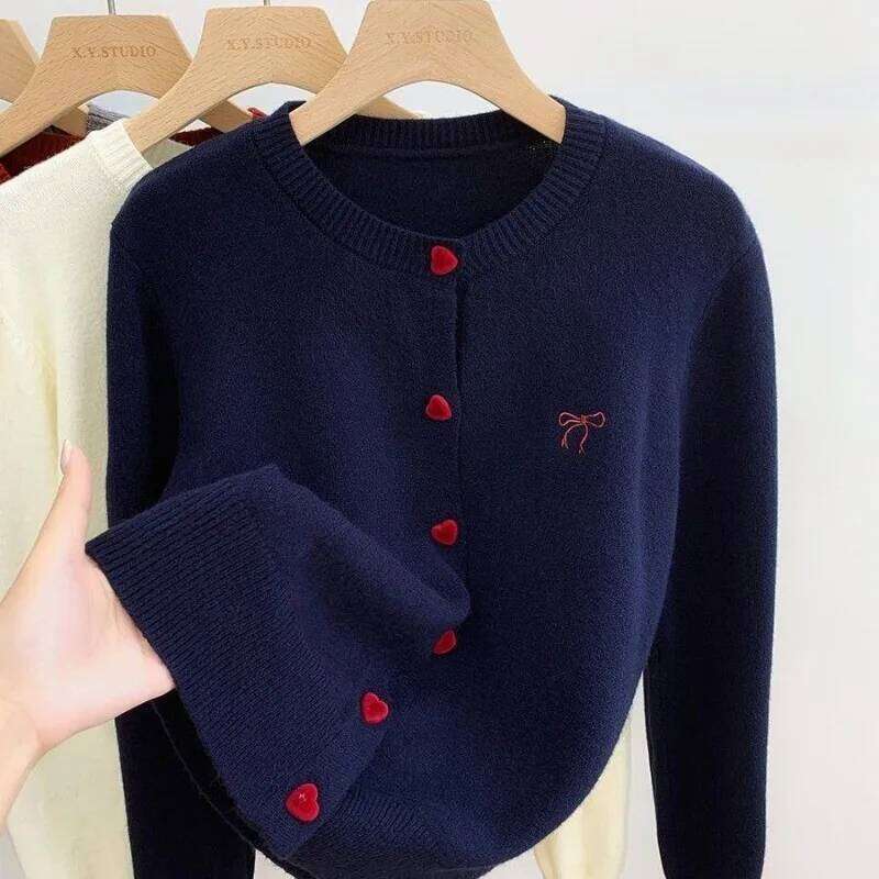 2025 Women's Autumn Embroidery Bow Knitwears Fashion Long Sleeve Heart Button Comfortable Cardigan Top Korean Ladies Sweaters Z260313
