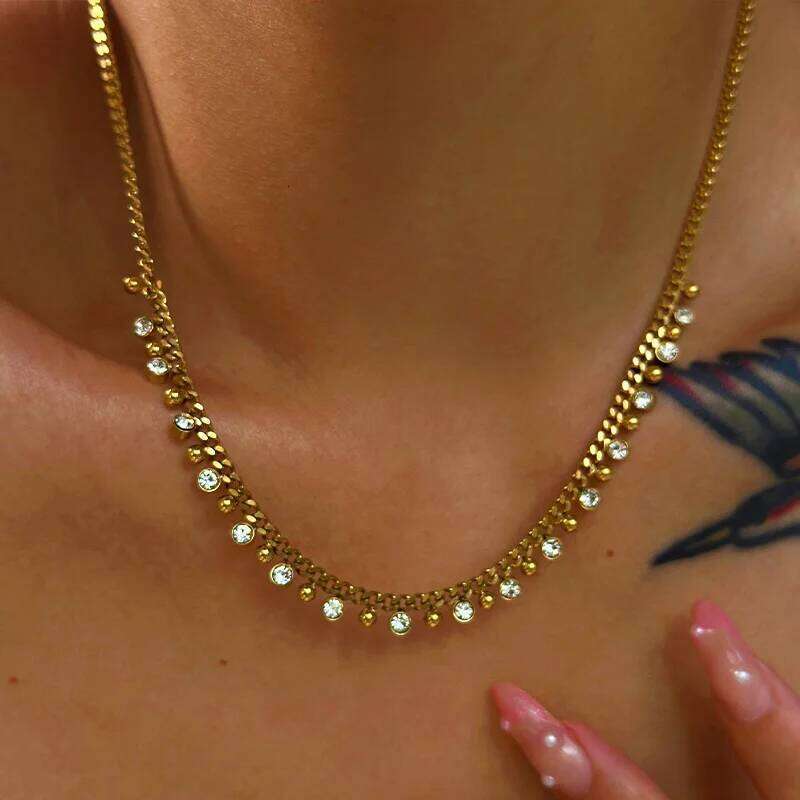 14K Gold Plated New Ball Bead Pendant Tassel Necklace Women Stainless Steel Zircon Clavicle Chain Wedding Jewelry Gifts H260312