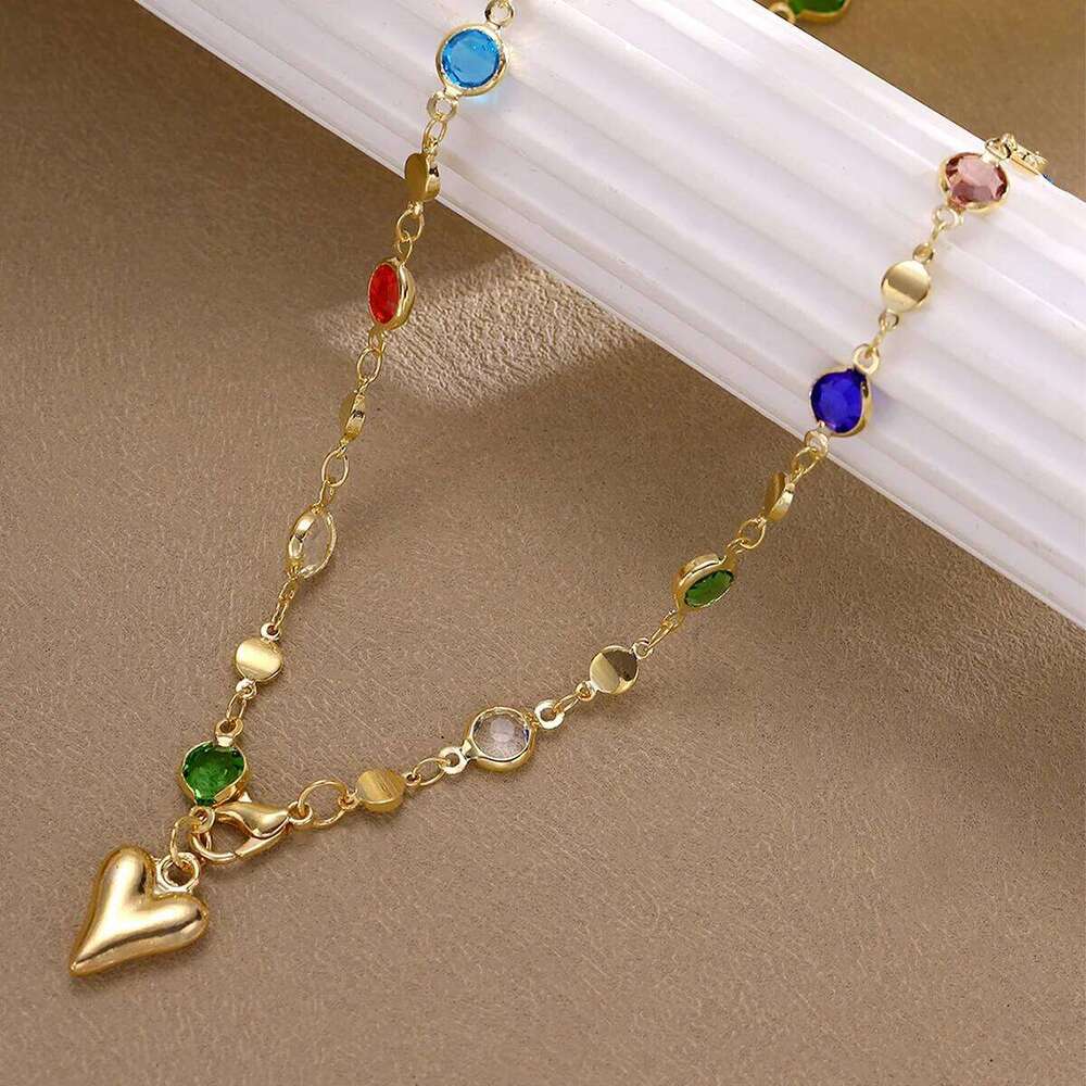 Women's Colorful Crystal Heart Necklaces Simple Long Tassel Gold Color Pendant Necklace Fashion Y-shaped Sweater Chain New H260312