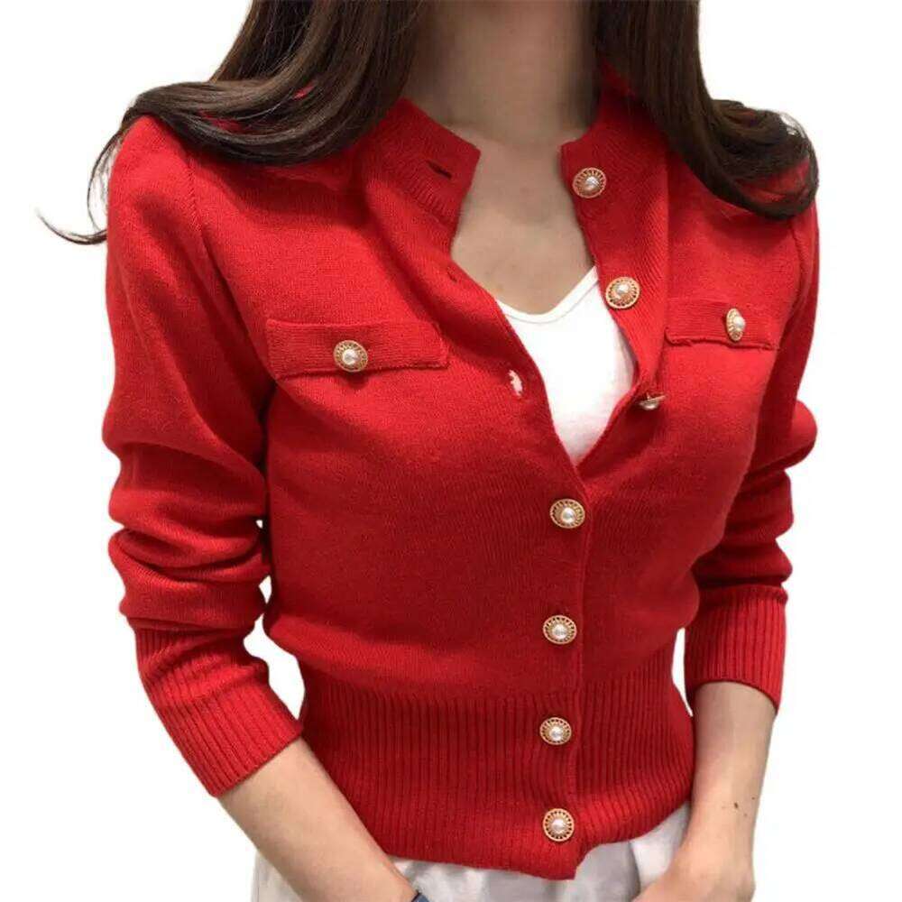 Women Cardigan Sweater Decorative Pockets Faux Pearl Buttons Knitted Coat Short Single Breasted Korean Slim Chic Ladies Tops Z260313
