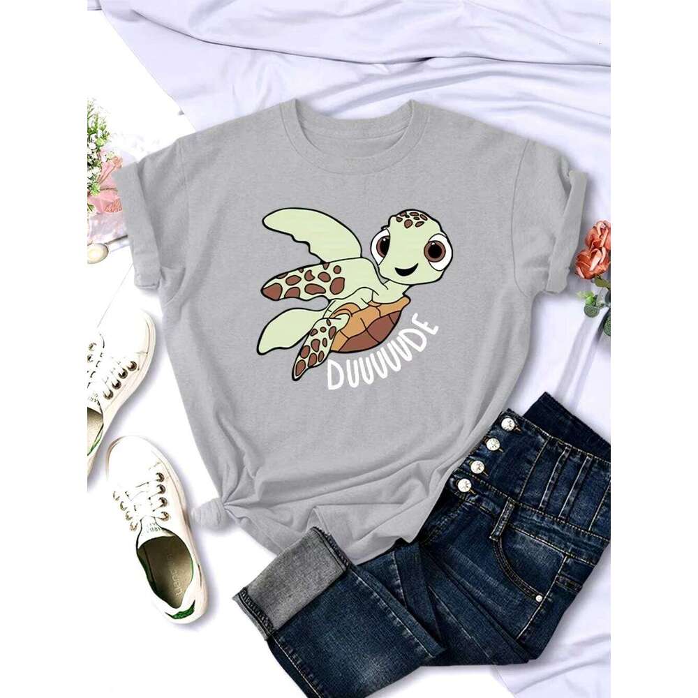 Simple Women T-Shirts Cute Cartoon Turtle Letter Prints Tops O-Neck Comfortable Soft Tee Summer Casual Female Aesthetics Clothes Z260314