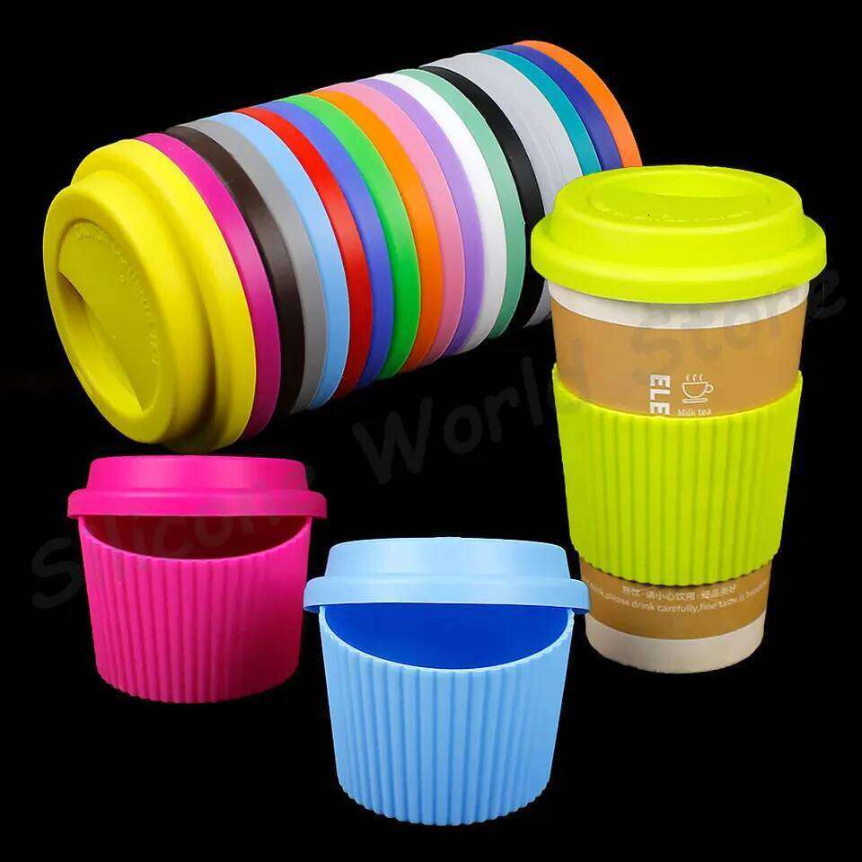 World 2PCS/Set Silicone Anti Slip Heat Insulation Sleeve Coffee Mug Glass Cover Anti-Dust Cup Lids Z260313
