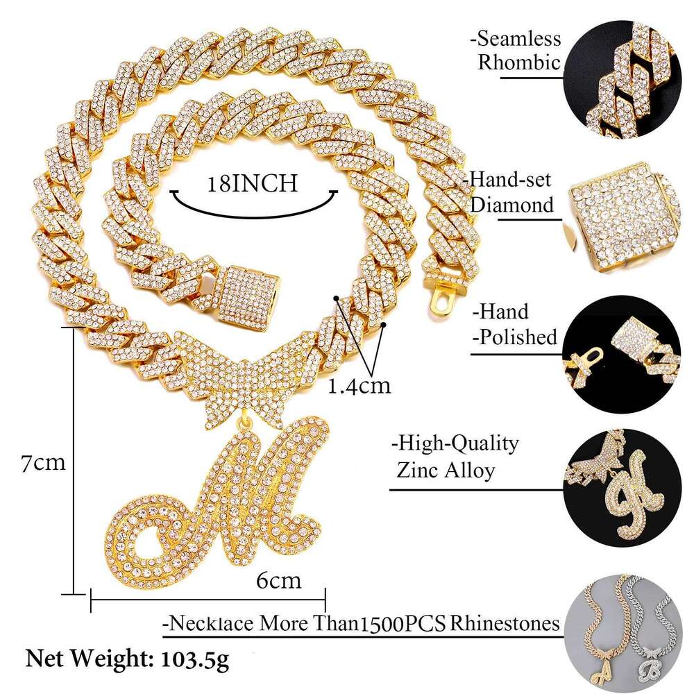 Men Women 14MM Cuban Chain Crystal Butterfly Initials Name Pendant Iced Out Cursive Letters Rapper Necklace Jewelry New H260312
