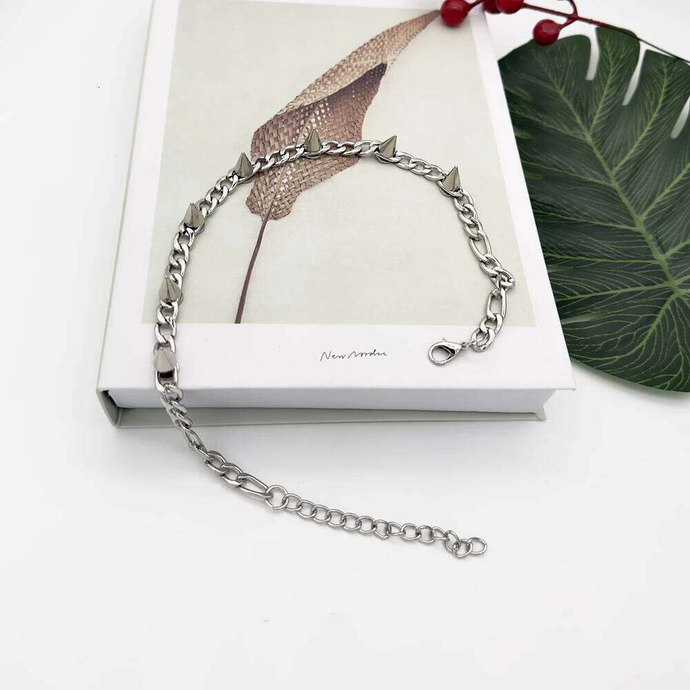 Retro Punk Silver Plated Cuban Chain Spiked Rivet Collar Necklace for Women Men Unisex Grunge Goth Choker Y2K Jewelry H260312
