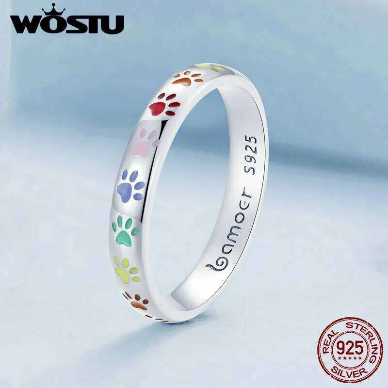 WOSTU 925 Sterling Silver Rainbow Cute Cat Dog Paw Rings Women Cool Black Gold Pet Animal Ring Girl Party Birthday Jewelry Gift H260312