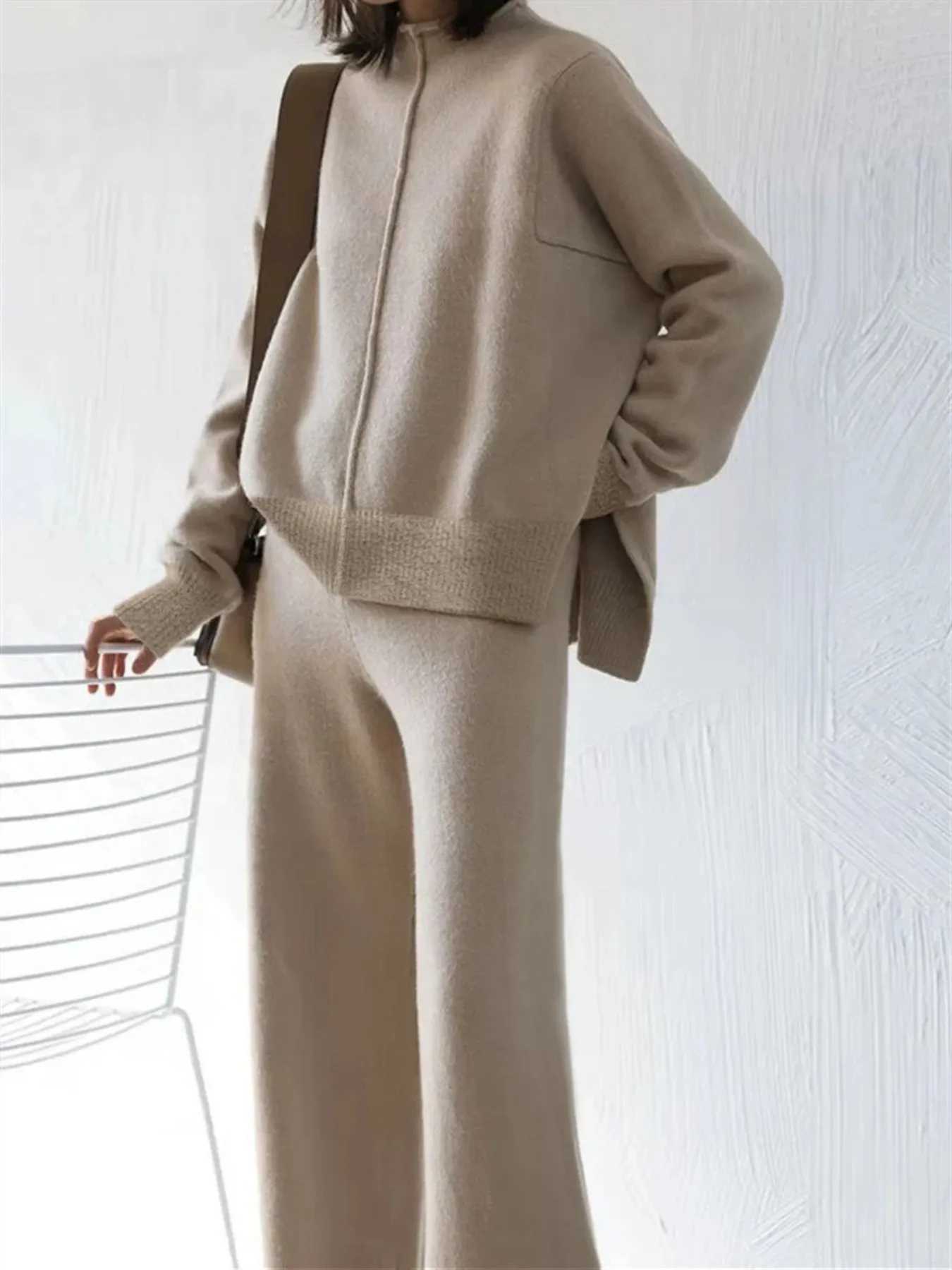 Womens Beige Oversized Knit Two-Piece Set with Half-Zip Sweater And Wide-Leg Pants Casual Loungewear M260313