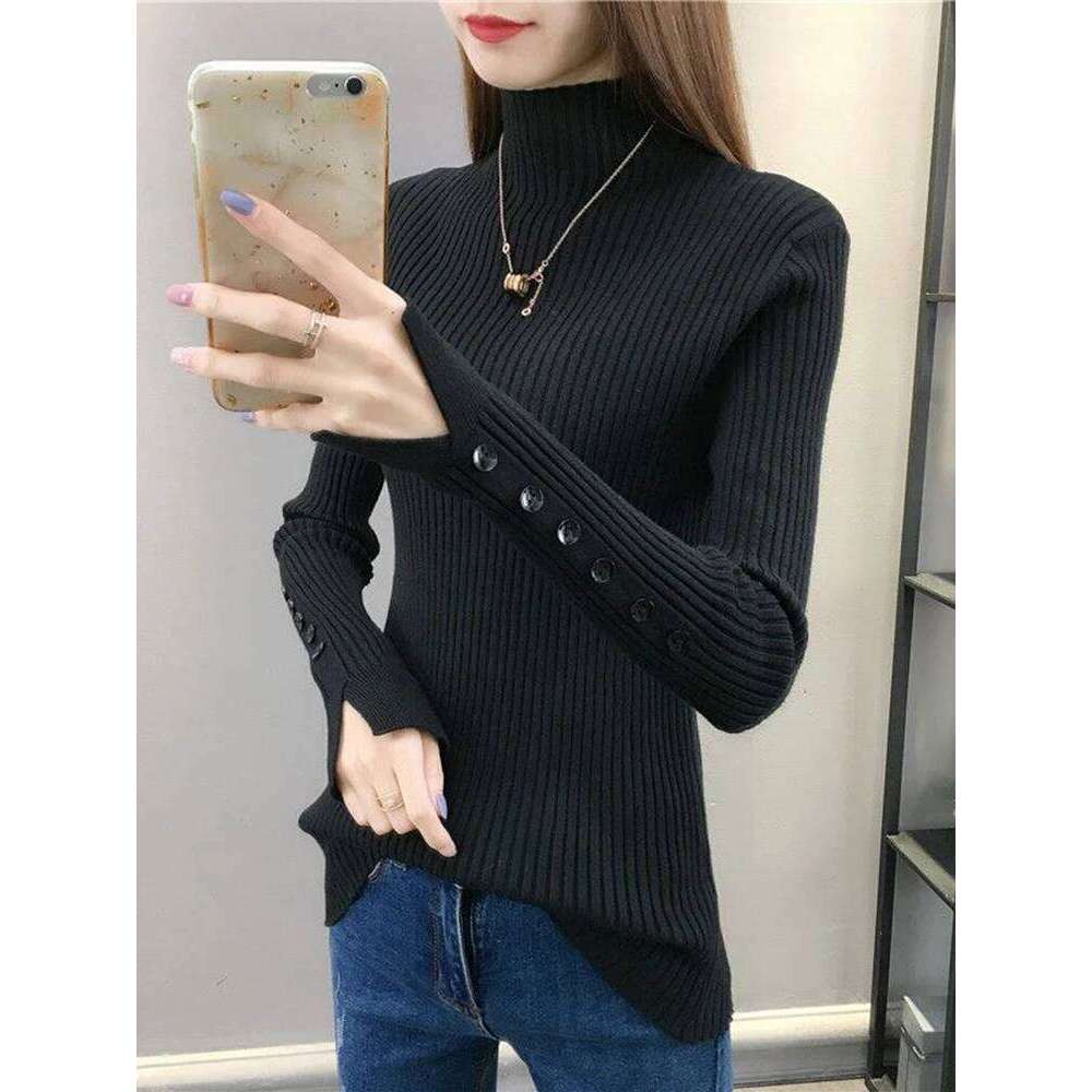 New Semi Turtleneck Women's Sweaters Pullover Korean Slim Warm Basic Knitwear Fall Brown Black Sweater Female Button S-Xl Z260313