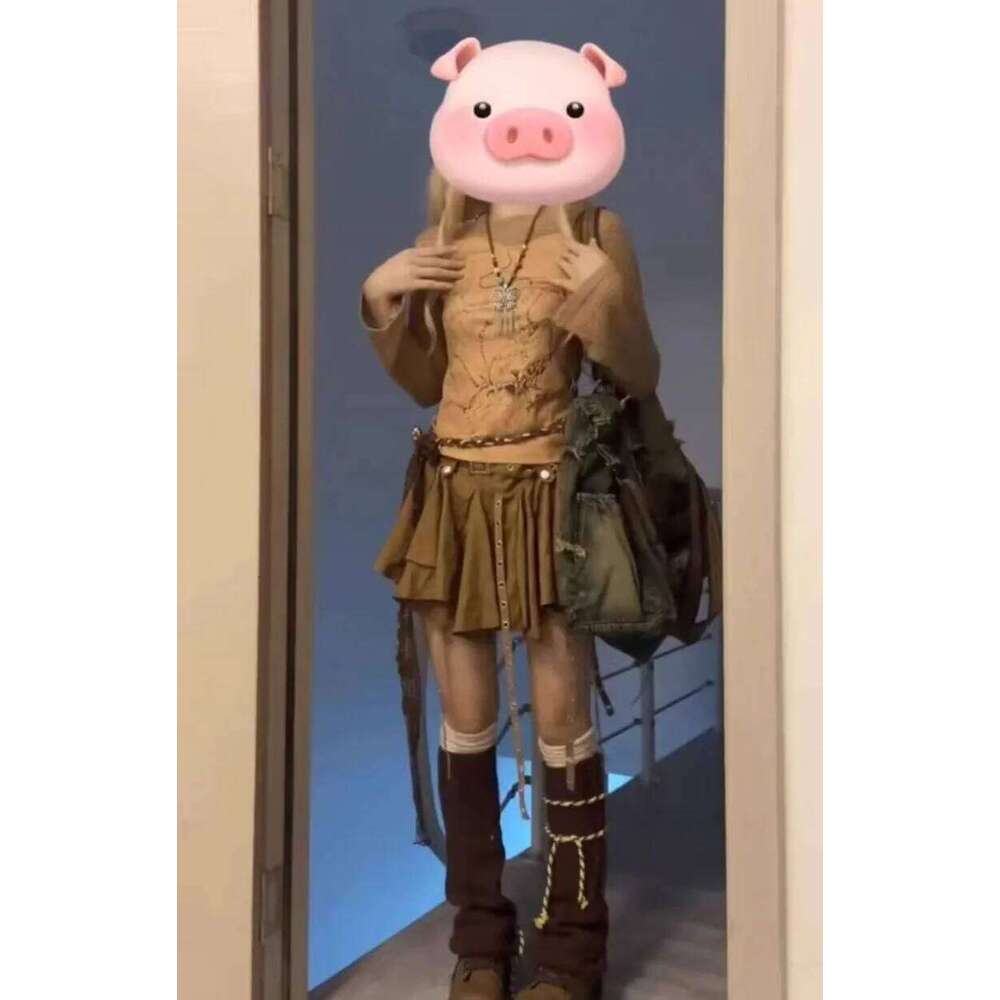 High Street Brand Brown Gothic Harajuku Fashion Retro Striped Casual Loose Streetwear Pleated Short Skirt Women Z260314