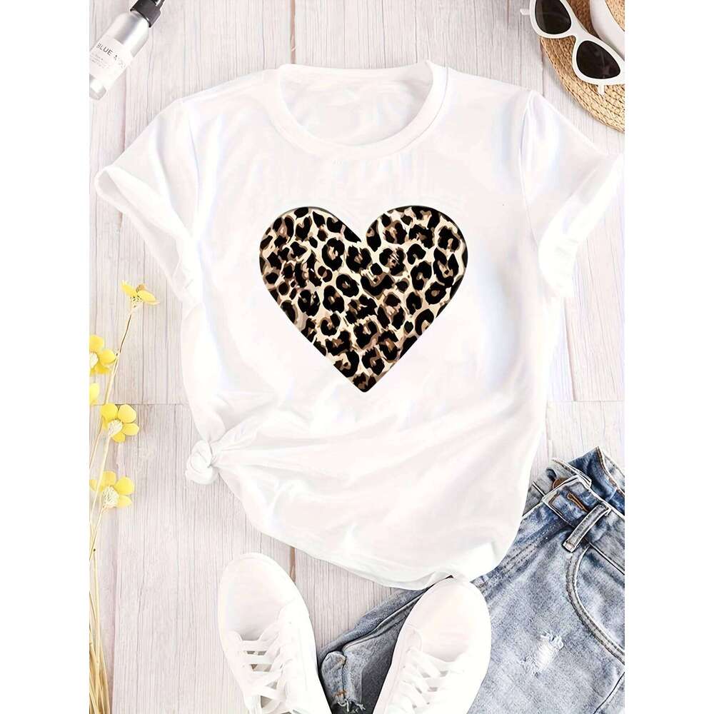 Camiseta con estampado corazn leopardocamiseta estampada camiseta informal manga Harajuku para mujer ropa de Z260314